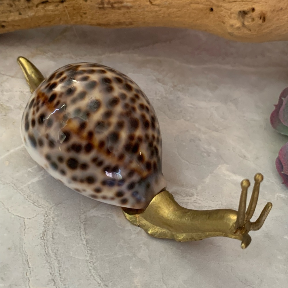 Vintage Snail Figurine with Brown Tiger Cowrie Shell